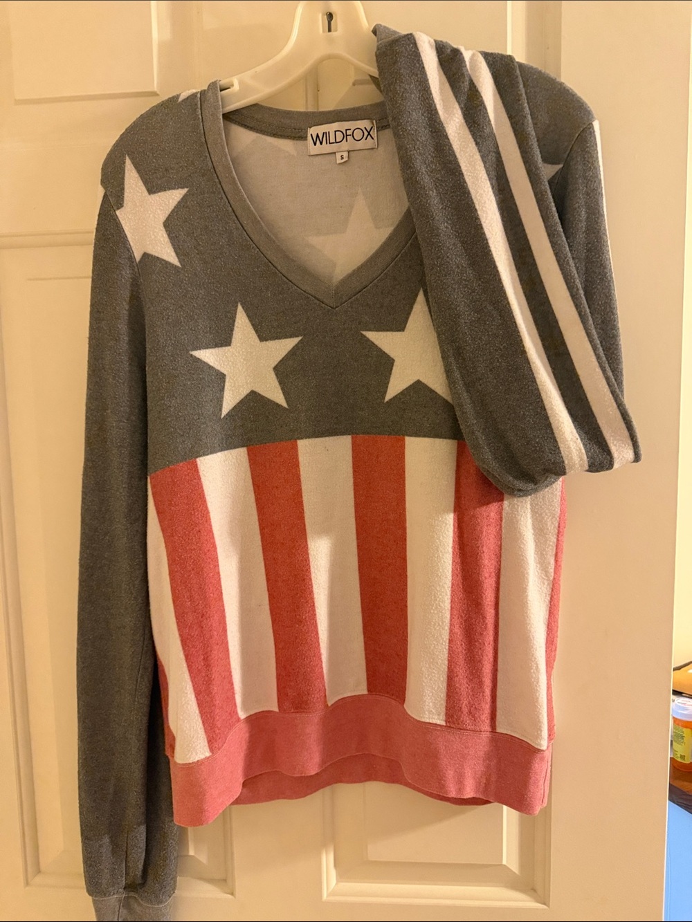 Wildfox Grey, White & Red Star-Striped V-Neck Sweater